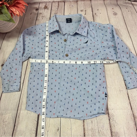 Nautica Blue red Anchor Print Button Down Shirt toddler 3T nautical preppy - Picture 2 of 5